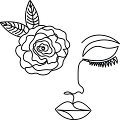 One line face with rose, one line rose, one line drawing rose, flower face minimal art, abstract face single line art, aesthetic floral face 