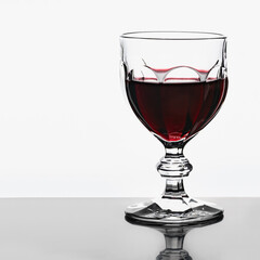 Photo of a wine glass with red wine on a white background.
