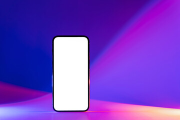 Mockup Smartphone on abstract background in neon gradient. Vivid blue, pink and purple colors....