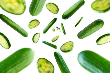 Collection of fresh Cucumbers falling isolated on white background. Selective focus
