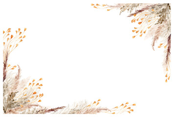 Pampas grass border painted in watercolor. Boho floral neutral colors bouquet, frame. Botanical boho elements isolated on white. Bohemian style wedding invitation, greeting, card, print, scrapbooking © TanyaOak