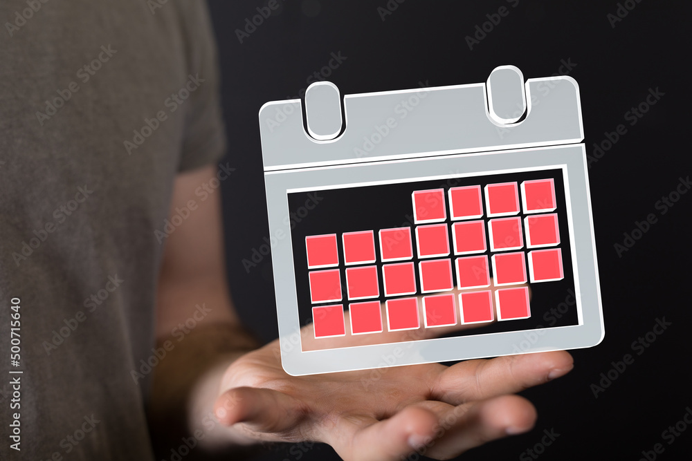 Poster minimal calendar icon with hand isolate on soft pink background. paper calendar icons. calendar date
