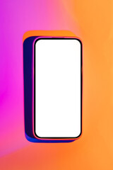 Mockup Smartphone on abstract background in neon gradient. Vivid  pink and orange colors. Mobile...