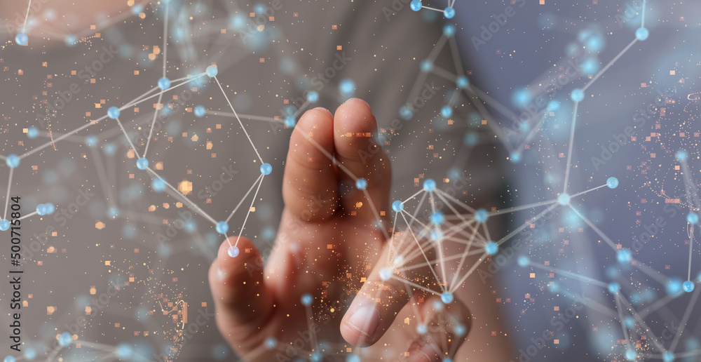 Poster businessman using data network with his fingers