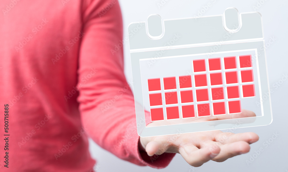 Poster minimal calendar icon with hand isolate on soft pink background. paper calendar icons. calendar date