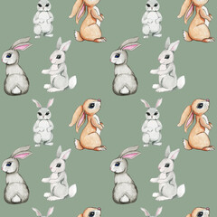 Rabbit watercolor pattern,Watercolor bunny and leaves seamless pattern, cute rabbit background, little animals, spring bunny pattern, baby digital paper, nursery wallpaper, woodland animals wallpaper.