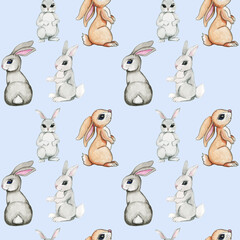 Rabbit watercolor pattern,Watercolor bunny and leaves seamless pattern, cute rabbit background, little animals, spring bunny pattern, baby digital paper, nursery wallpaper, woodland animals wallpaper.