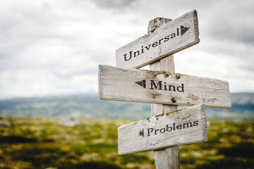 universal mind problems text quote written in wooden signpost outdoors in nature. Moody theme feeling.