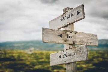 walk in peace text quote written in wooden signpost outdoors in nature. Moody theme feeling.