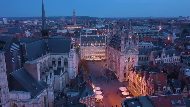 Aerial view of Leuven at night, Belgium.