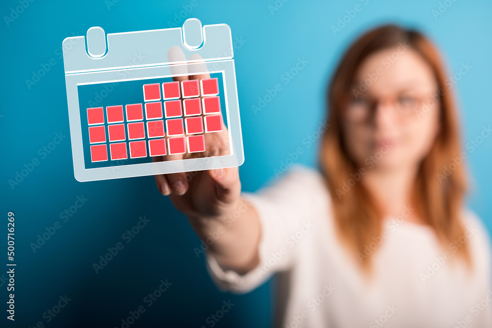 Poster Minimal calendar icon with hand isolate on soft pink background. Paper calendar icons. Calendar date  3d