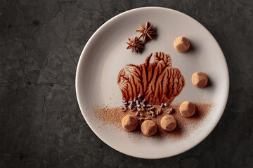 Chocolate truffles on a beige plate with chocolate sauce.