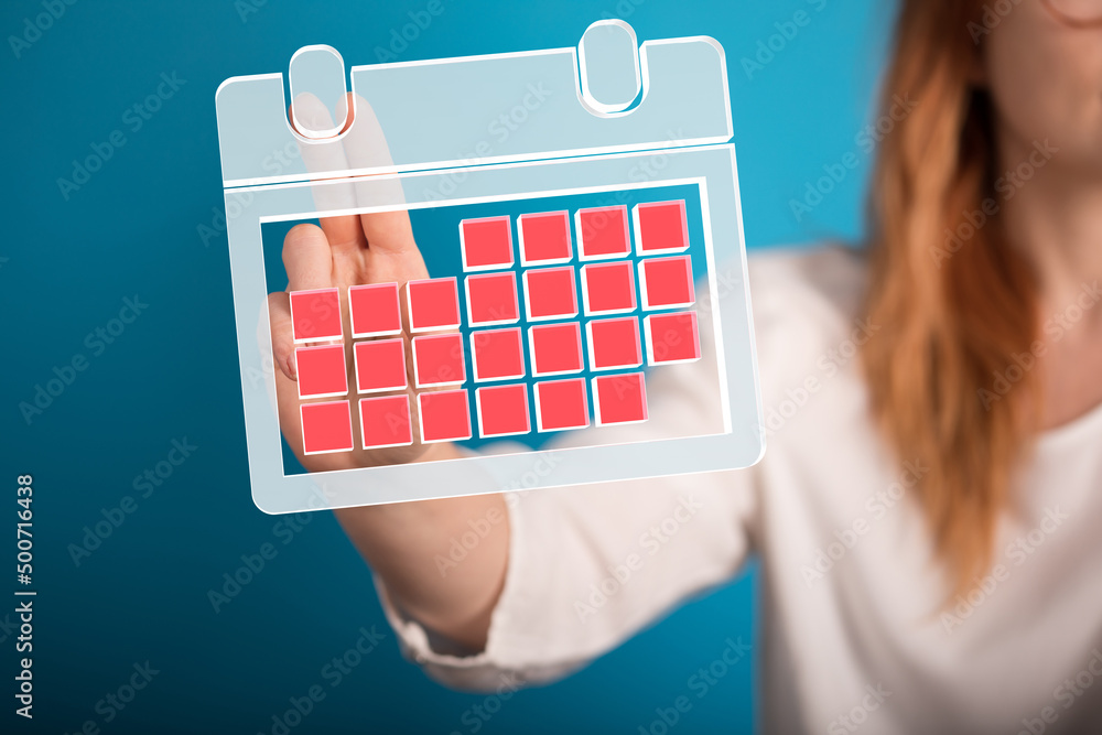 Poster Minimal calendar icon with hand isolate on soft pink background. Paper calendar icons. Calendar date  3d