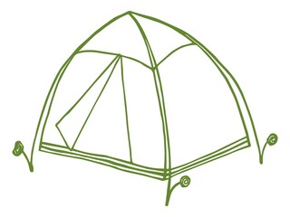 Hand-drawn vector sketch of tourist tent. Green monochrome outline doodle icon isolated on transparent background