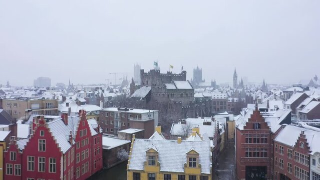 Aerial view of Gent und the snow in winter, Belgium.