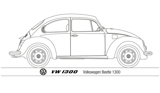 Volkswagen Beetle 1300 vintage car outlines, illustration on the white background