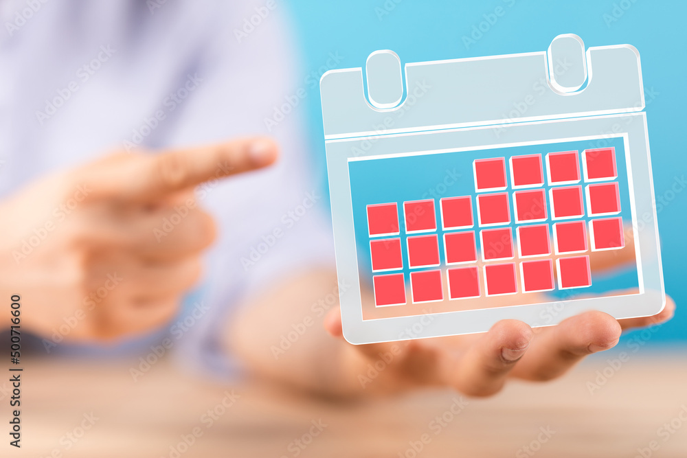 Poster minimal calendar icon with hand isolate on soft pink background. paper calendar icons. calendar date