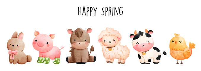 Happy Spring with cute farm animals, Vector illustration © ChonnieArtwork 