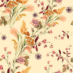  Watercolor seamless floral pattern with wild meadow flowers and grass on beige background. 