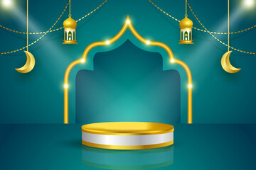 podium template design with Islamic concept, light effect, hanging ornament vector