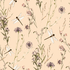  Watercolor seamless floral pattern with wild meadow flowers and dragonfly on beige background. 