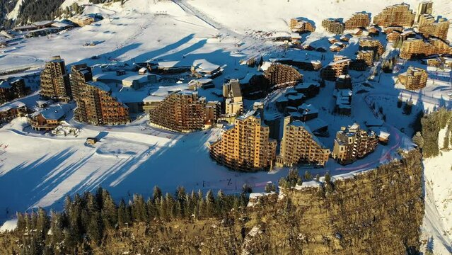 Aerial view of residential buildings on mountain crest, Avoriaz, France.