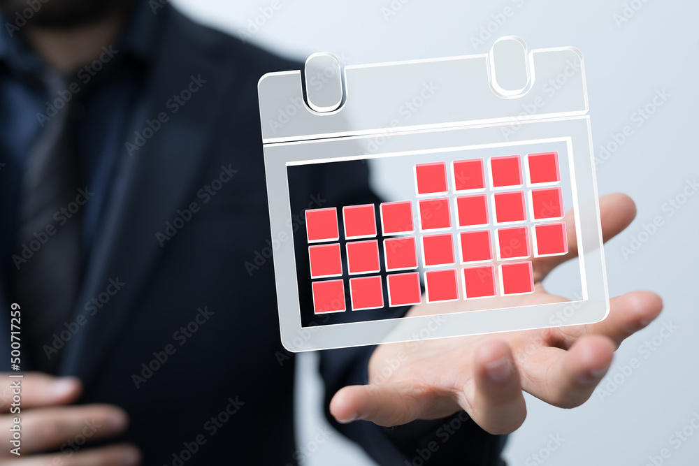 Poster Minimal calendar icon with hand isolate on soft pink background. Paper calendar icons. Calendar date  3d