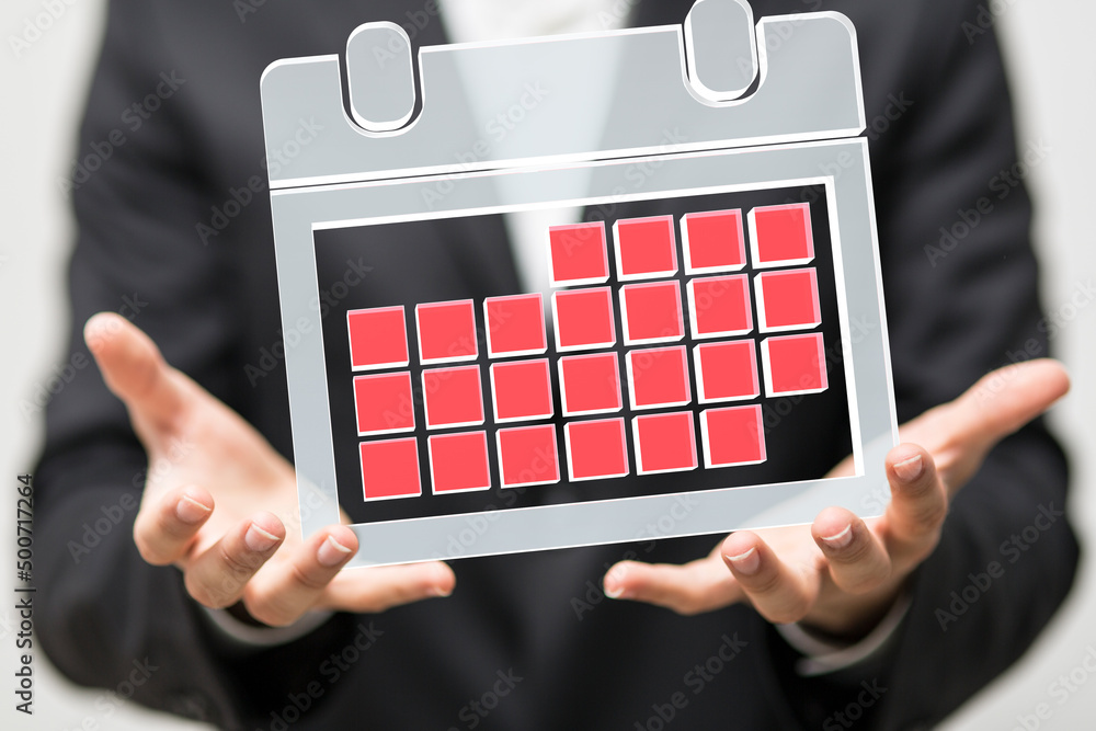 Poster Minimal calendar icon with hand isolate on soft pink background. Paper calendar icons. Calendar date  3d
