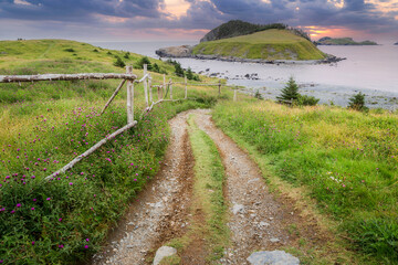 Old wooden fence leading to beach with islands in the distance in Tors Cove, Newfoundland, canada