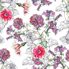 Floral seamless pattern with watercolor flowers and graphic flowers petunia.