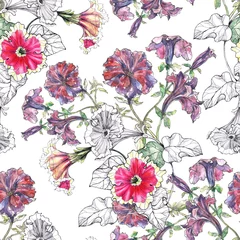 Behang Floral seamless pattern with watercolor flowers and graphic flowers petunia. © Olga Kleshchenko