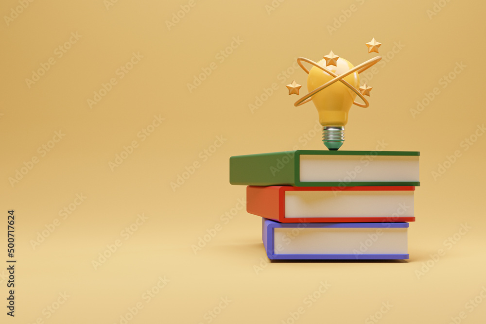 Poster yellow lightbulb with stacking of books for learning make human smart and creative thinking idea con