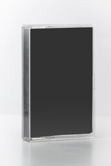 Blank compact cassette tape box label design mockup. Vintage cassete tape record case box mock up. Plastic analog magnetic tape cassette clear packaging template. Mixtape box cover