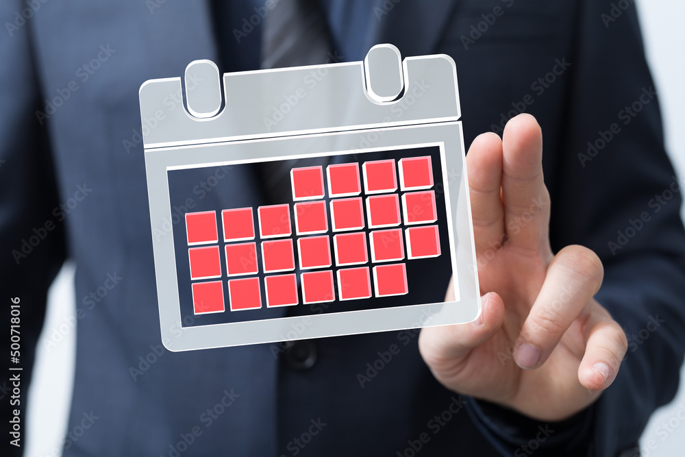 Poster Minimal calendar icon with hand isolate on soft pink background. Paper calendar icons. Calendar date  3d