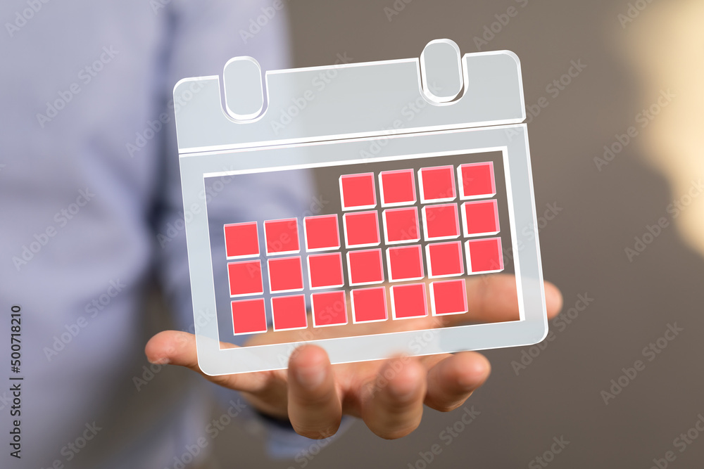 Poster minimal calendar icon with hand isolate on soft pink background. paper calendar icons. calendar date
