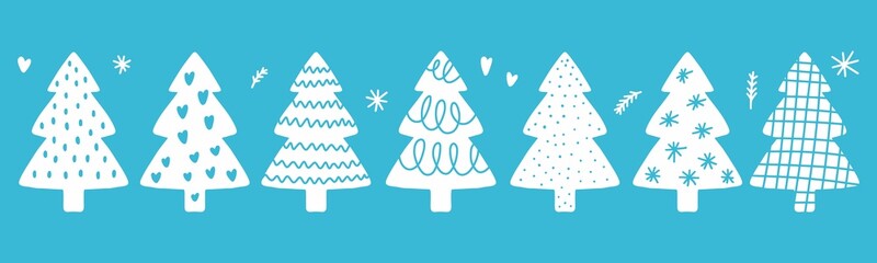 Horizontal illustration with a collection of Christmas trees