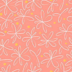 Cute seamless pattern with leaves and flowers. Minimal vector illustration template for your design. Template for textiles, packaging, paper on a pink background.