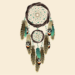 Illustration with dreamcatcher. Feathers and beads. Ethnic design, mystic tribal symbol. - obrazy, fototapety, plakaty
