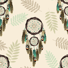 Seamless pattern with dreamcatcher with feathers. Ethnic design, mystic tribal symbol.  - obrazy, fototapety, plakaty