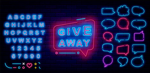 Giveaway neon signboard. Surprise and gift concept. Speech bubbles collection. Shiny blue alphabet. Vector illustration