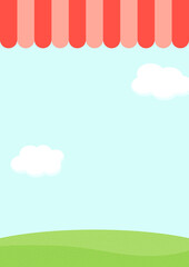 Obraz premium 青空と野原の背景素材：マルシェ・マーケット・アウトドアイベントのかわいいイメージ素材・A4比率 