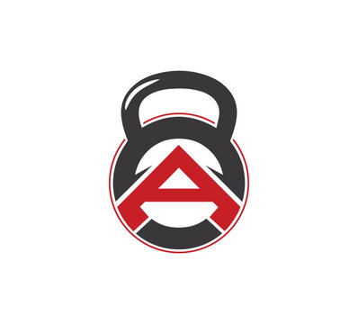 kettle bell with Letter A Fitness logo, Alphabet A gym vector monogram design