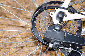 rusty cassette for bicycle transmission. the rear wheel - obrazy, fototapety, plakaty