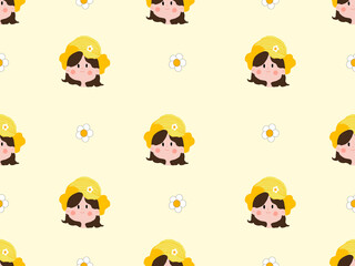 Girl cartoon character seamless pattern on yellow background.