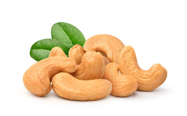Roasted cashew nuts with leaves isolated on white background.