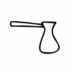 Turkish Coffee pot. Kitchen utensils for brewing drink isolated on white background. Doodle cookware. Turk symbol of good morning. Americano pot sign. Vector illustration for cafe, menu, home decor