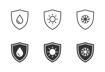 Waterproof, sun protect, frost protect icon. Shiel sign. Frost resistance, water resist. Vector illustration.