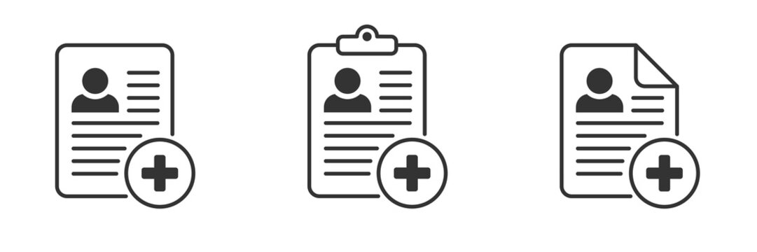 Medical card icon. Insurance card. Medical record, diagnosis. Add file. Profile symbol. Document. Vector.