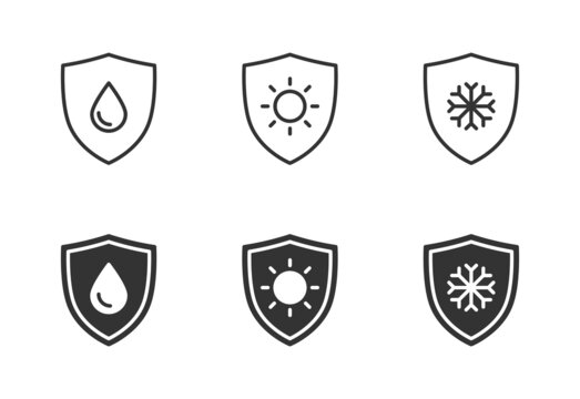 Waterproof, sun protect, frost protect icon. Shiel sign. Frost resistance, water resist. Vector illustration.