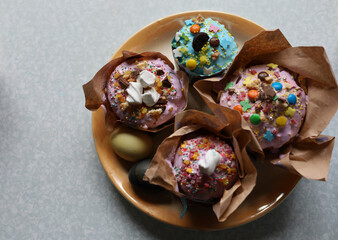 Easter cakes on the table  Happy Easter. Homemade cakes for holidays, healthy food, healthy sweets for children